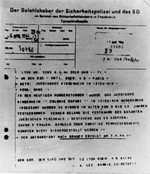 a-telegram-from-the-german-security-police-sd-regarding-the-deportation-of-a-jewish-home-for-children-in-lyon-to-the-drancy-camp-in-paris